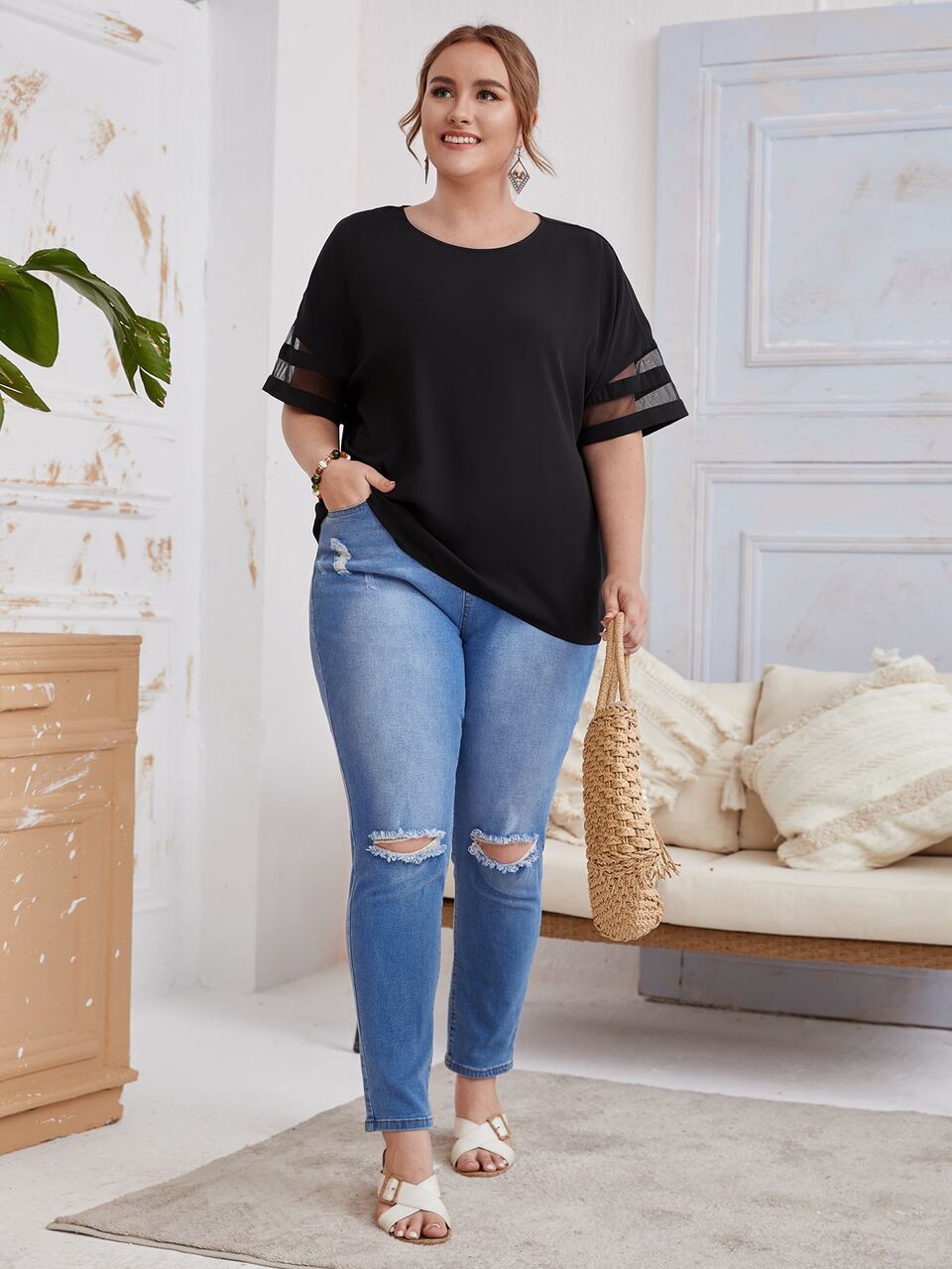 Plus Sheer Mesh Insert Top,Spring/Summer/Vacation