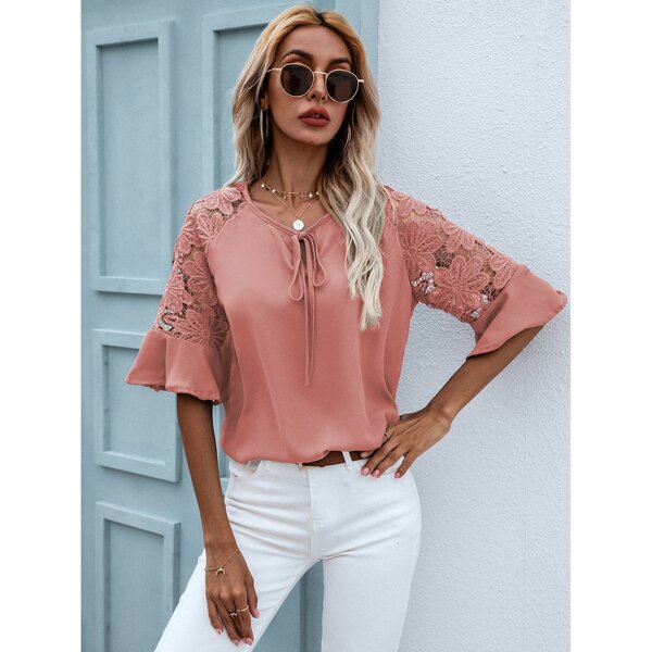 

Contrast Lace Raglan Sleeve Tie Neck Blouse, Dusty pink