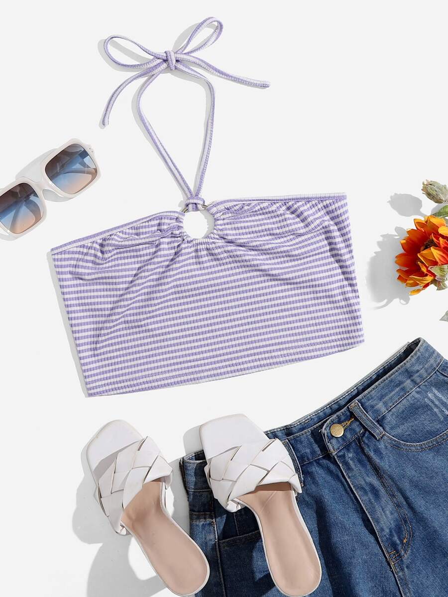 SHEIN EZwear 條紋羅紋針織繞頸上衣 - 紫丁香色 - 查看 1