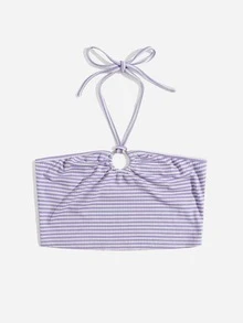 SHEIN EZwear 條紋羅紋針織繞頸上衣 - 紫丁香色 - 查看 3