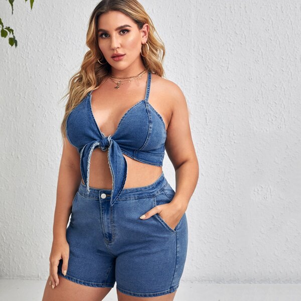 

Plus Knot Front Crop Denim Cami Top & Shorts Set, Medium wash