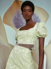 Penelope Ping 泡泡袖珍珠流蘇下擺花卉提花緞面上衣