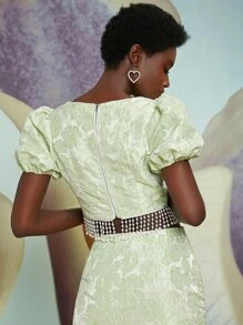 Penelope Ping 泡泡袖珍珠流蘇下擺花卉提花緞面上衣