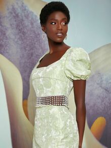 Penelope Ping 泡泡袖珍珠流蘇下擺花卉提花緞面上衣