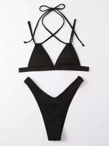 Rib Triangle High Cut Bikini Set, For Summer Beach Vacation - Black - View 3