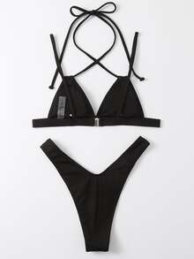 Rib Triangle High Cut Bikini Set, For Summer Beach Vacation - Black - View 4