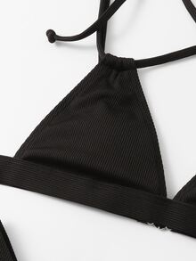 Rib Triangle High Cut Bikini Set, For Summer Beach Vacation - Black - View 5