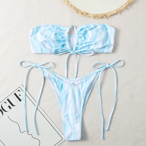 

Wave Print Tie Side Bandeau Bikini Swimsuit, Blue and white