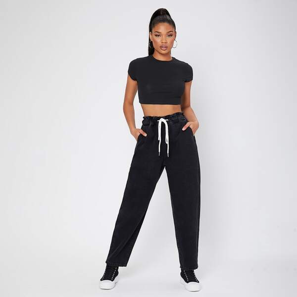 

Drawstring Waist Mom Jeans, Black