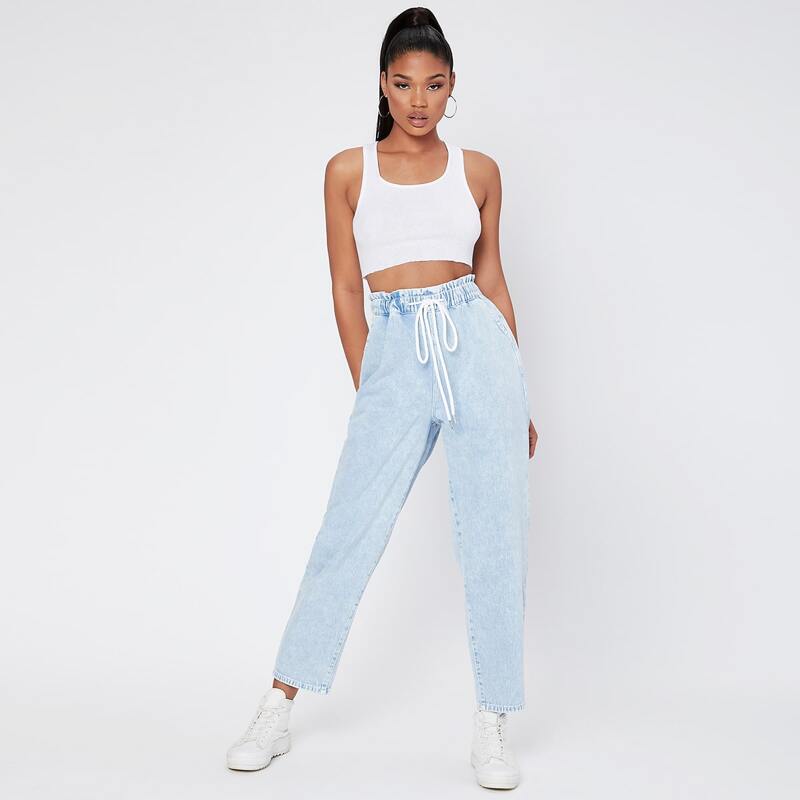 

Drawstring Waist Mom Jeans, Light wash