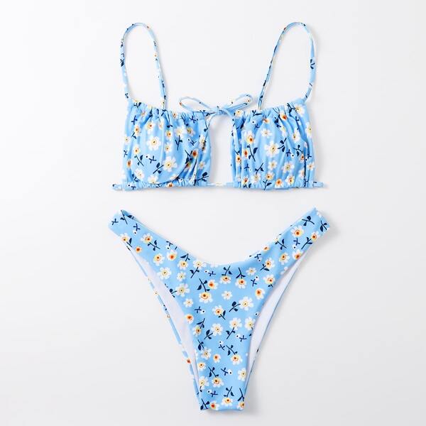 

Floral Random Print High Cut Bikini Swimsuit, Baby blue