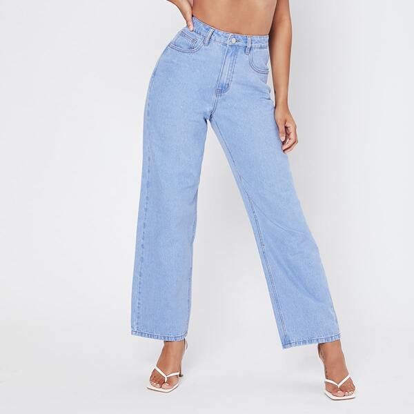 

Stone Wash High-Waisted Straight Jeans, Light wash