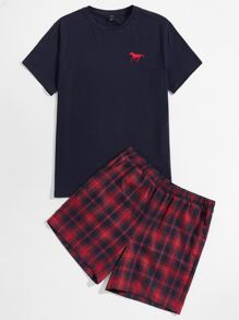 SHEIN Đồ mặc nhà Nam Nghề thêu Túi Thú vật Sọc ca rô Giải trí - Nhiều màu - Xem 1