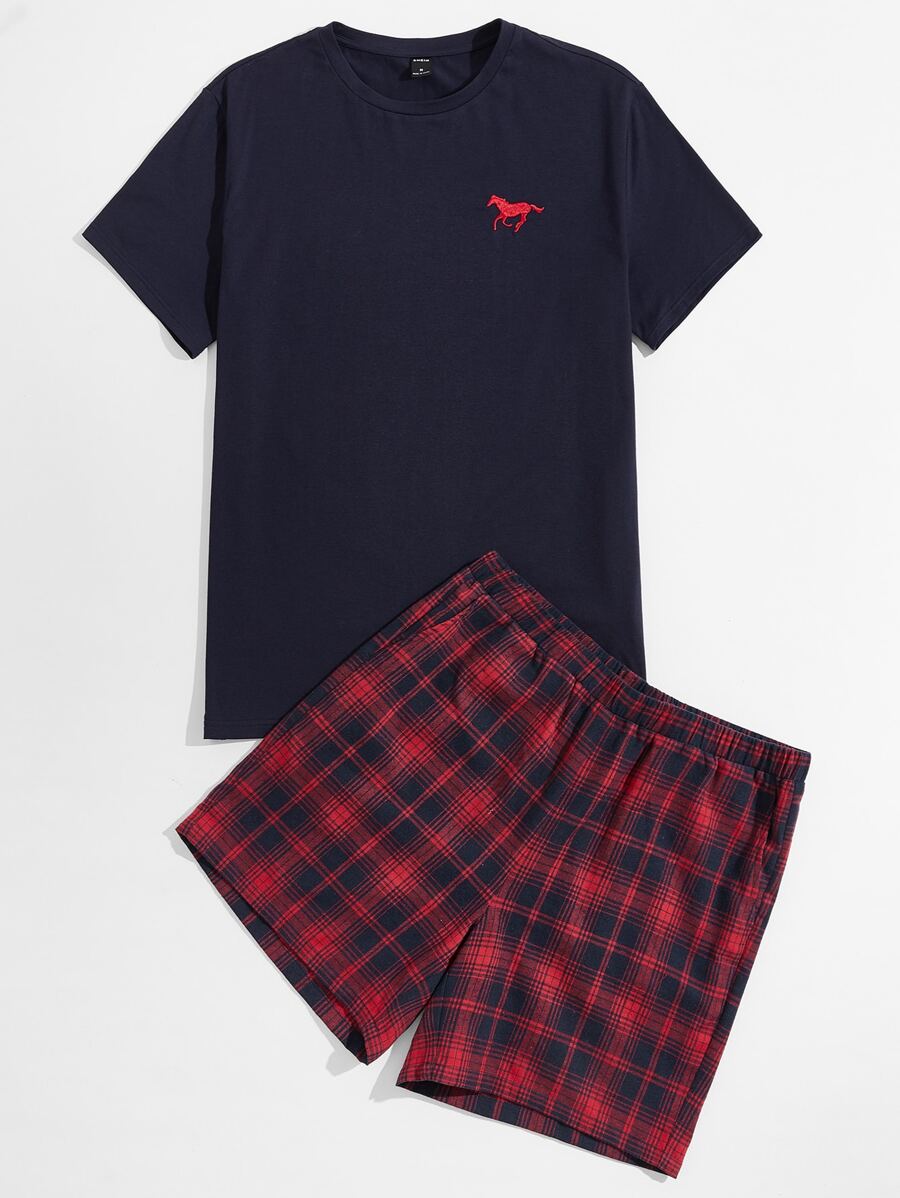 SHEIN Đồ mặc nhà Nam Nghề thêu Túi Thú vật Sọc ca rô Giải trí - Nhiều màu - Xem 1