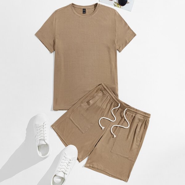 

Men Solid Tee And Track Shorts Set, Khaki
