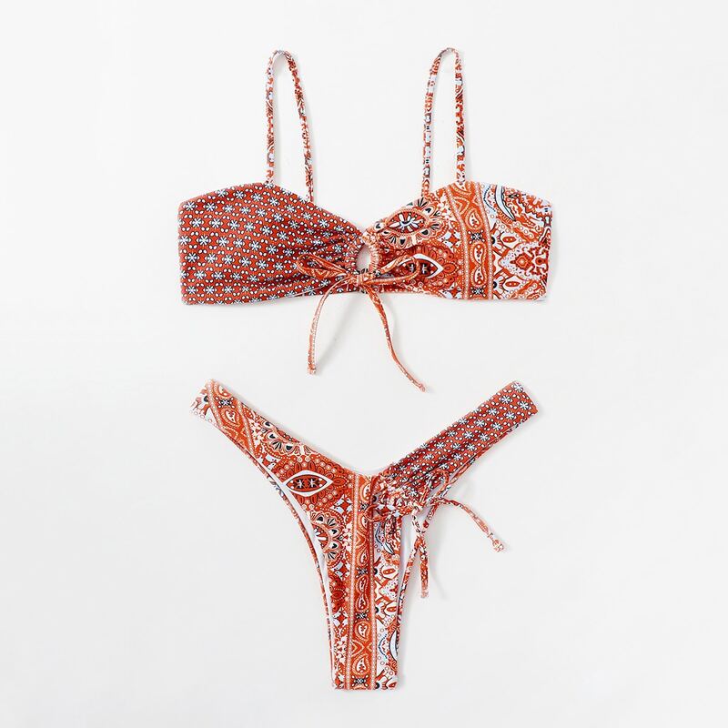 

Graphic Drawstring Bikini Swimsuit, Red
