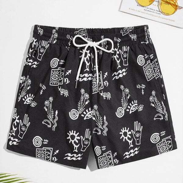 

Men Floral Print Drawstring Waist Swim Trunks, Black
