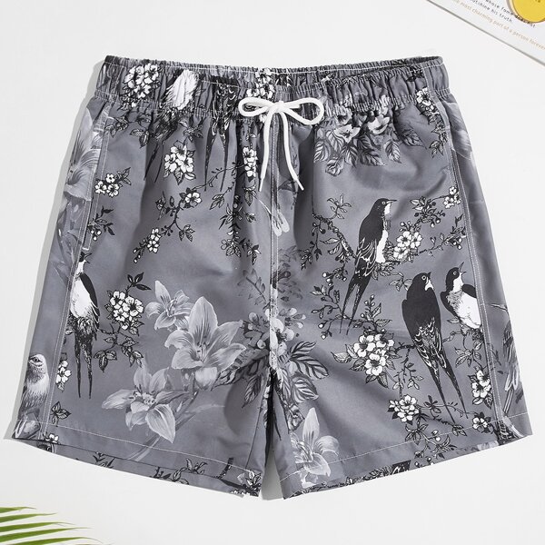 

Men Flower And Bird Print Drawstring Waist Swim Trunks, Grey