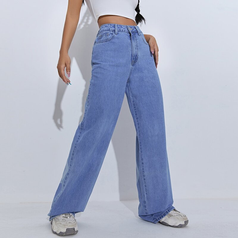

High Waist Letter Graphic Wide Leg Jeans, Medium wash