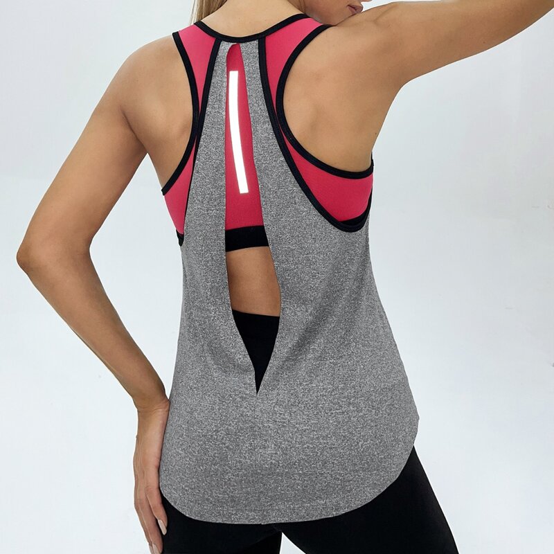

Contrast Binding Cut-out 2 In 1 Sports Tank Top, Grey