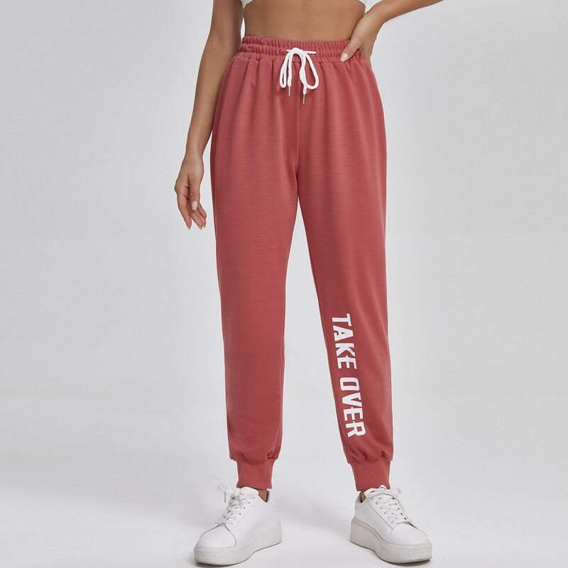 

Slogan Graphic Drawstring Waist Sports Pants, Dusty pink