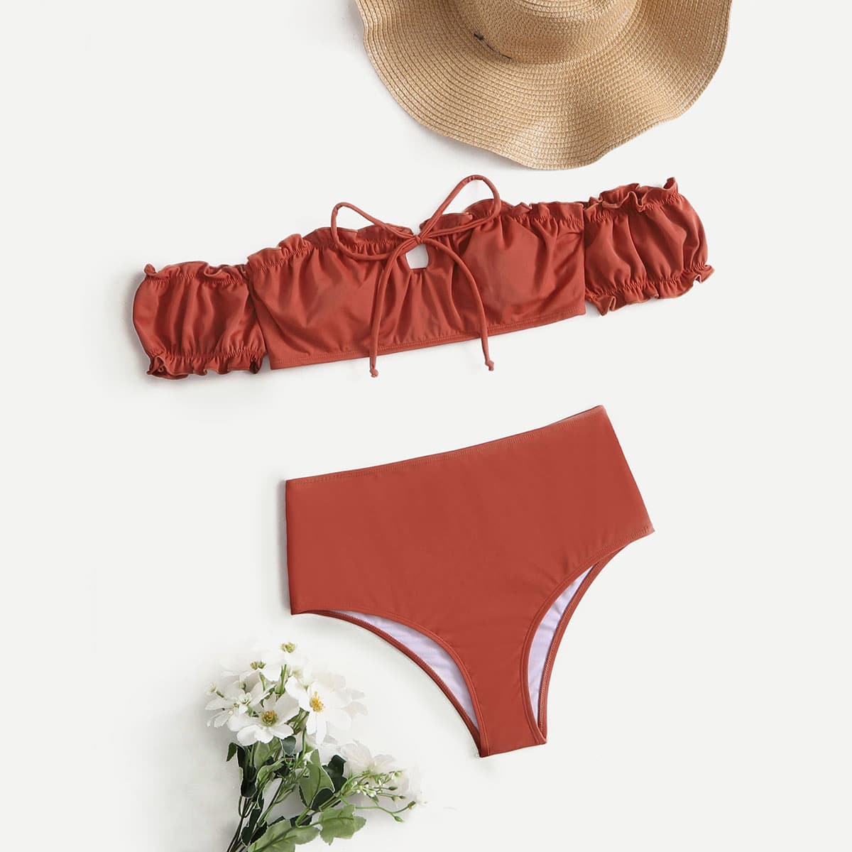 

Solid Frill Trim Bikini Swimsuit, Brown