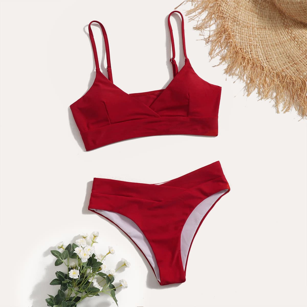 

Solid Wrap Bikini Swimsuit, Red