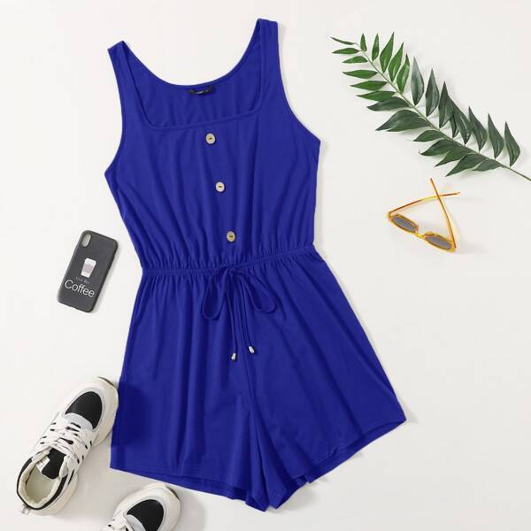 

Plus Square Neck Button Detail Knot Waist Tank Romper, Royal blue