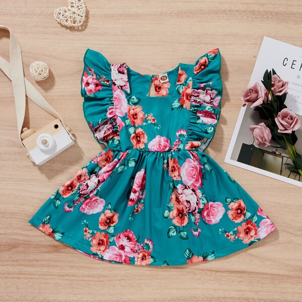 

Baby Girl Floral Ruffle Trim A-line Dress, Cadet blue
