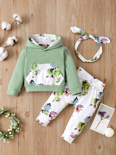 بنطلون مع هودي بطباعة زهر مع عصابة راس للبنات الصغار