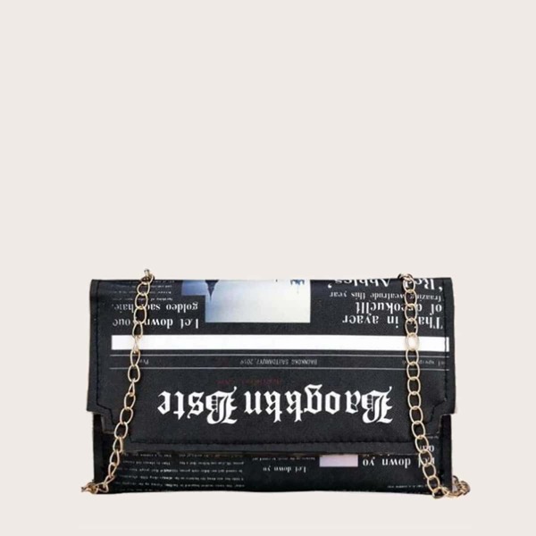 

Newspaper Print Chain Crossbody Bag, Black