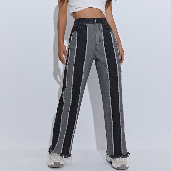

High Waist Two Tone Raw Hem Jeans, Multicolor