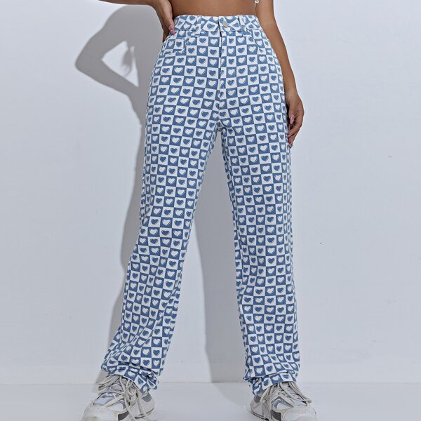

High Waist Heart & Gingham Print Jeans, Blue and white