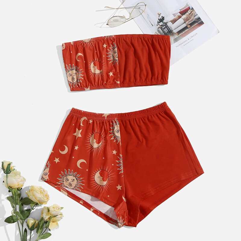 

Graphic Print Crop Tube Top & Shorts Set, Red