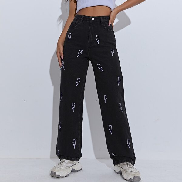 

High Waist Lightning Print Straight Leg Jeans, Black
