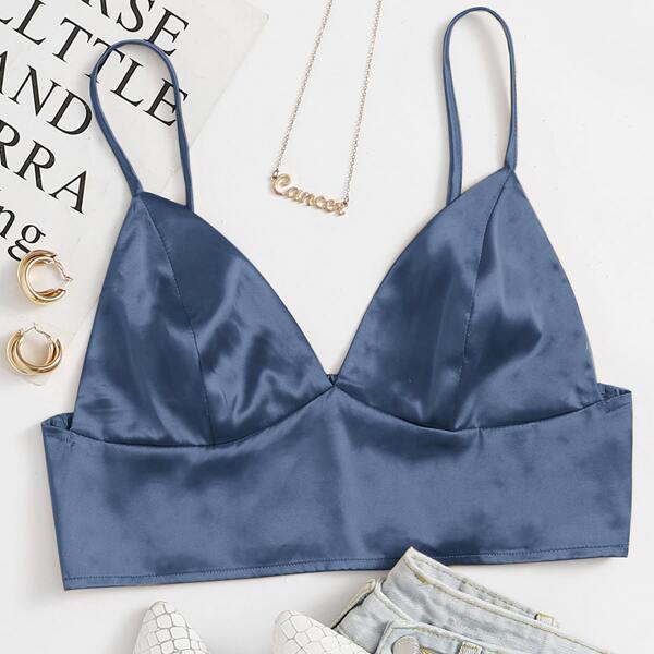 

Shirred Back Satin Bralette Top, Navy blue