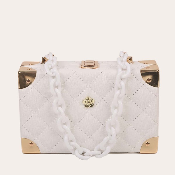 

Metal Decor Quilted Chain Satchel Bag, White