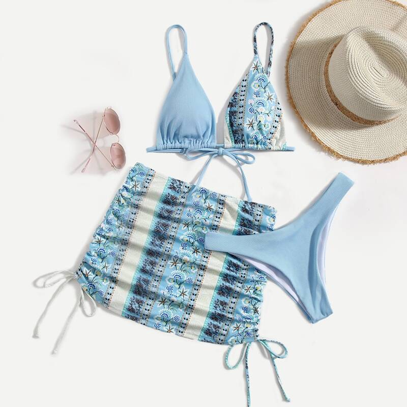 

3pack Graphic Bikini Swimsuit With Beach Skirt, Baby blue