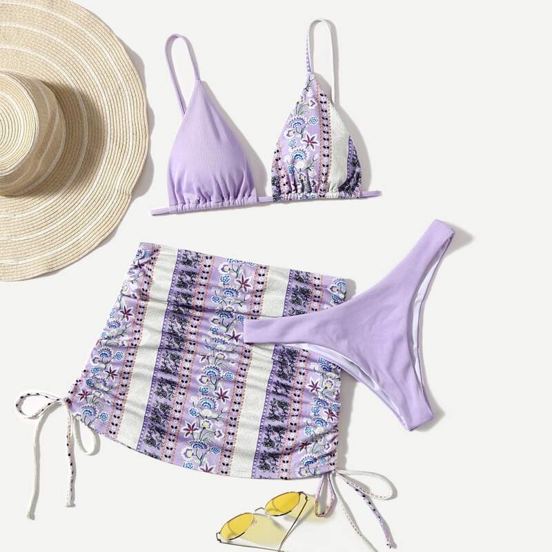 

3pack Graphic Bikini Swimsuit With Beach Skirt, Mauve purple