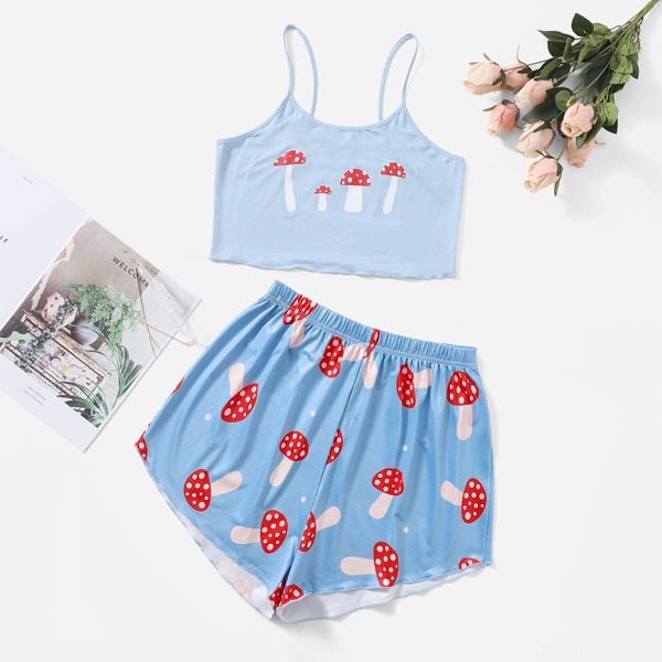 

Plus Mushroom Print Pajama Set, Blue