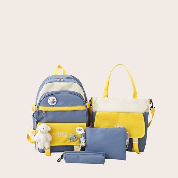 

4pcs Color Block Backpack Set, Blue