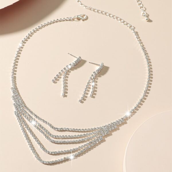 

Rhinestone Decor Layered Necklace & 1pair Drop Earrings, Silver