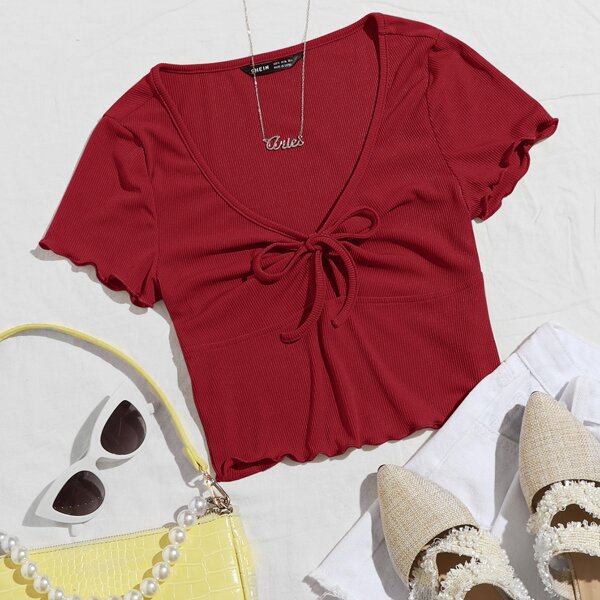 

Lettuce Trim Knot Front Top, Burgundy