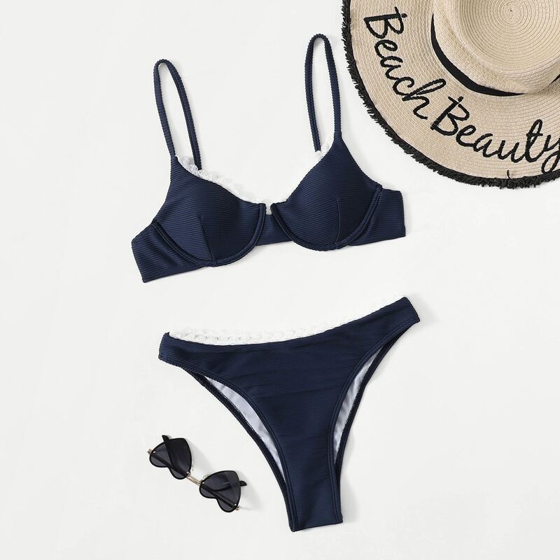 

Lace Trim Bikini Swimsuit, Dusty blue