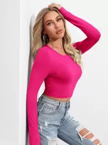 SHEIN Privé Solid Self-Tie Back Long Sleeve Crop Top - Hot Pink - View 1