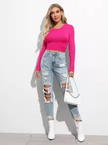 SHEIN Privé Solid Self-Tie Back Long Sleeve Crop Top - Hot Pink - View 3