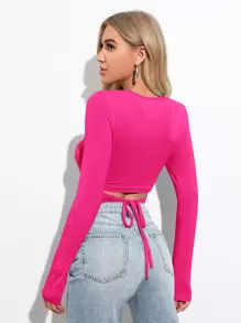 SHEIN Privé Solid Self-Tie Back Long Sleeve Crop Top - Hot Pink - View 4