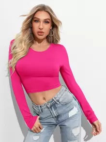 SHEIN Privé Solid Self-Tie Back Long Sleeve Crop Top - Hot Pink - View 5