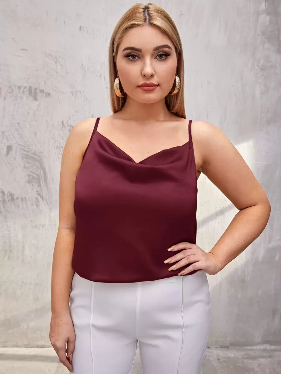 SHEIN BAE Plus Draped Neck Satin Cami Top - Burgundy - View 1