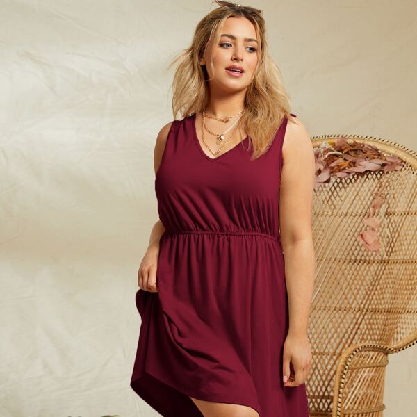 

Plus V-neck Solid Dress, Burgundy